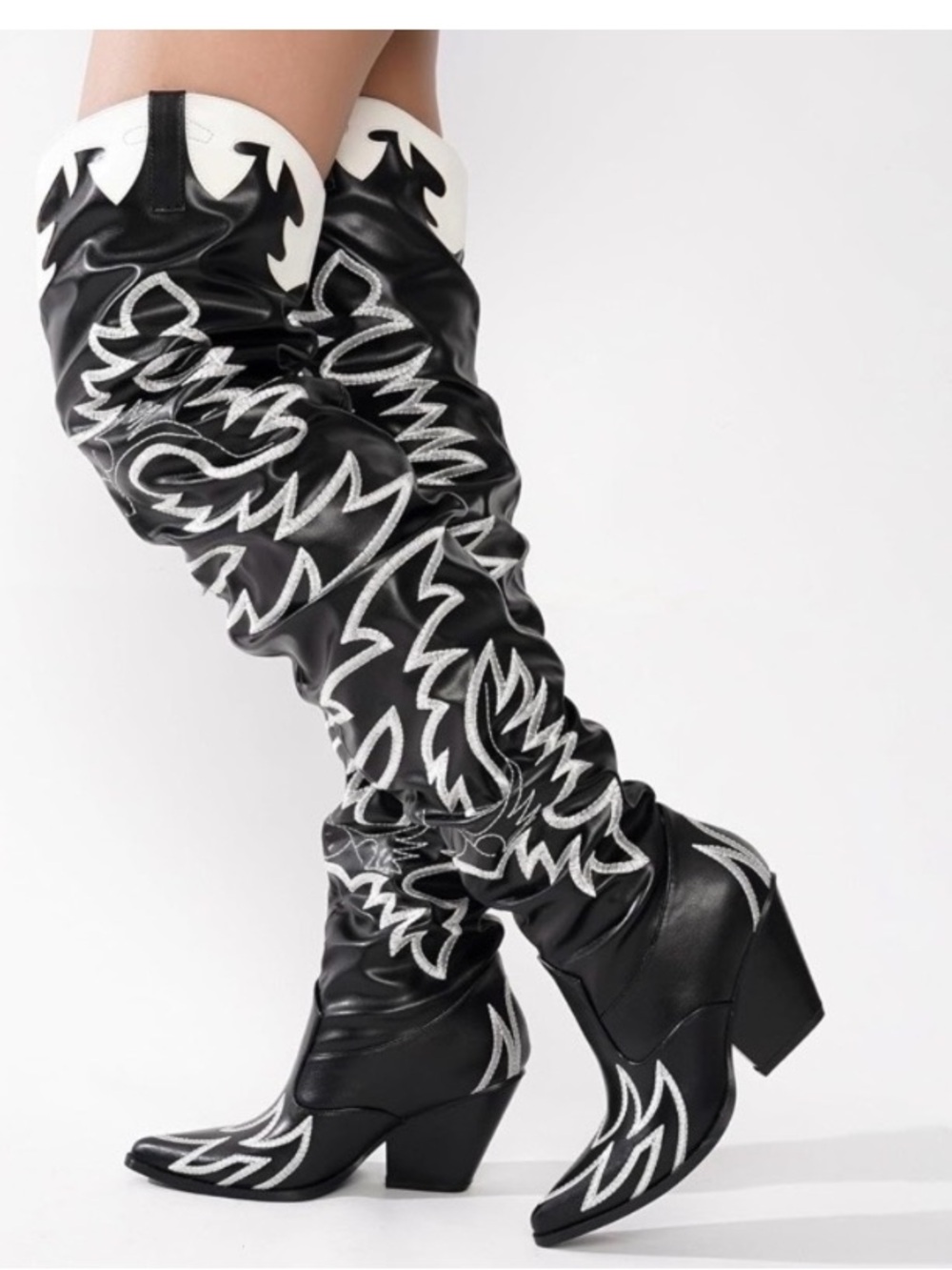 Black and White Western  Over-the-Knee, Thi-high Boots w/ flame inspired details